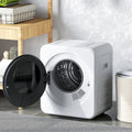 White compact tumble dryer with open front door and drum view through glass window