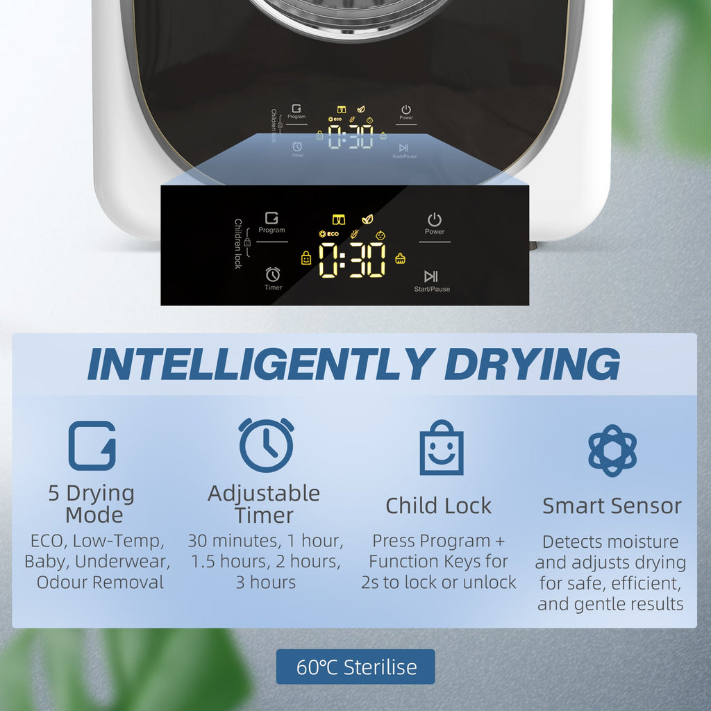 White tumble dryer with front control display and circular drum window behind the door