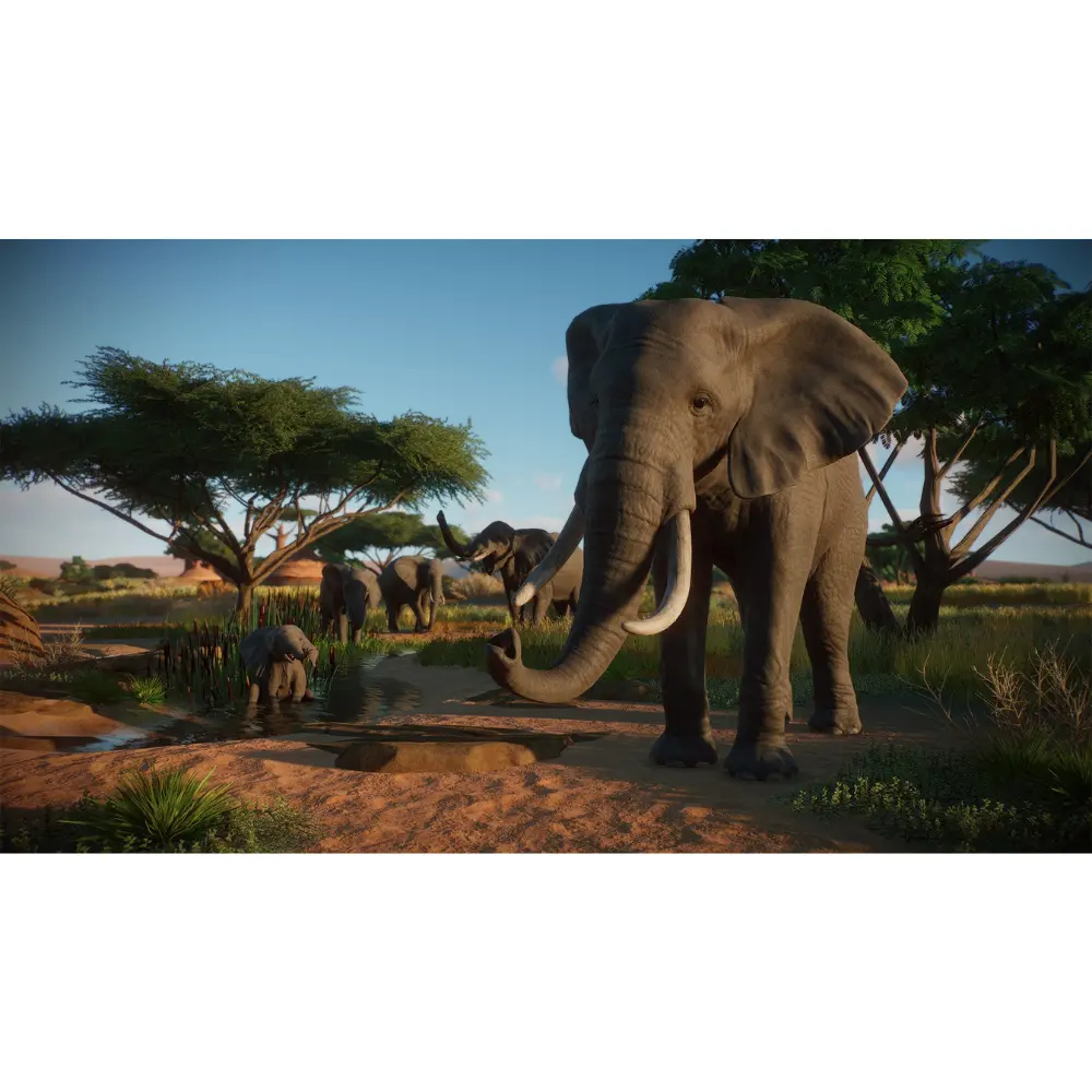 Elephant and calves in savanna zoo scene, animal-care video game art