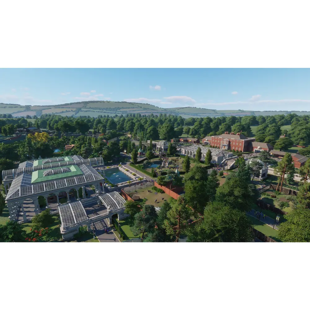 Aerial view of zoo buildings and paths, animal management game screen