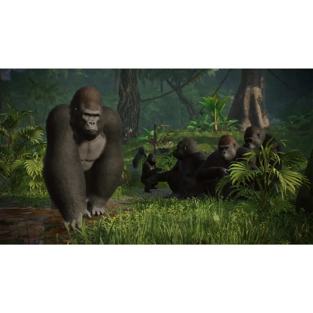 Gorilla in jungle habitat with other animals, zoo management game artwork