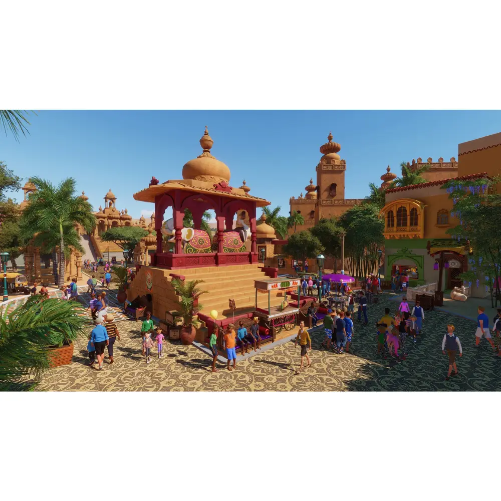Colorful animal show stage with crowd, zoo management game scene