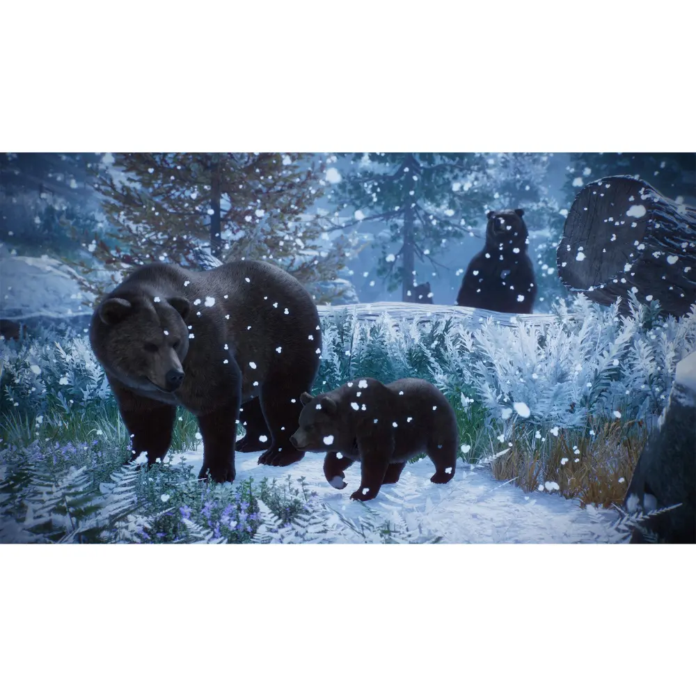 Three polar bears in snowy habitat, zoo management game artwork