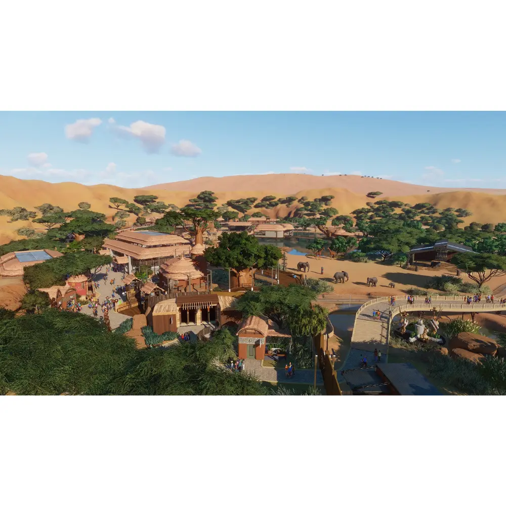 Zoo resort aerial view with paths and hills, animal management game