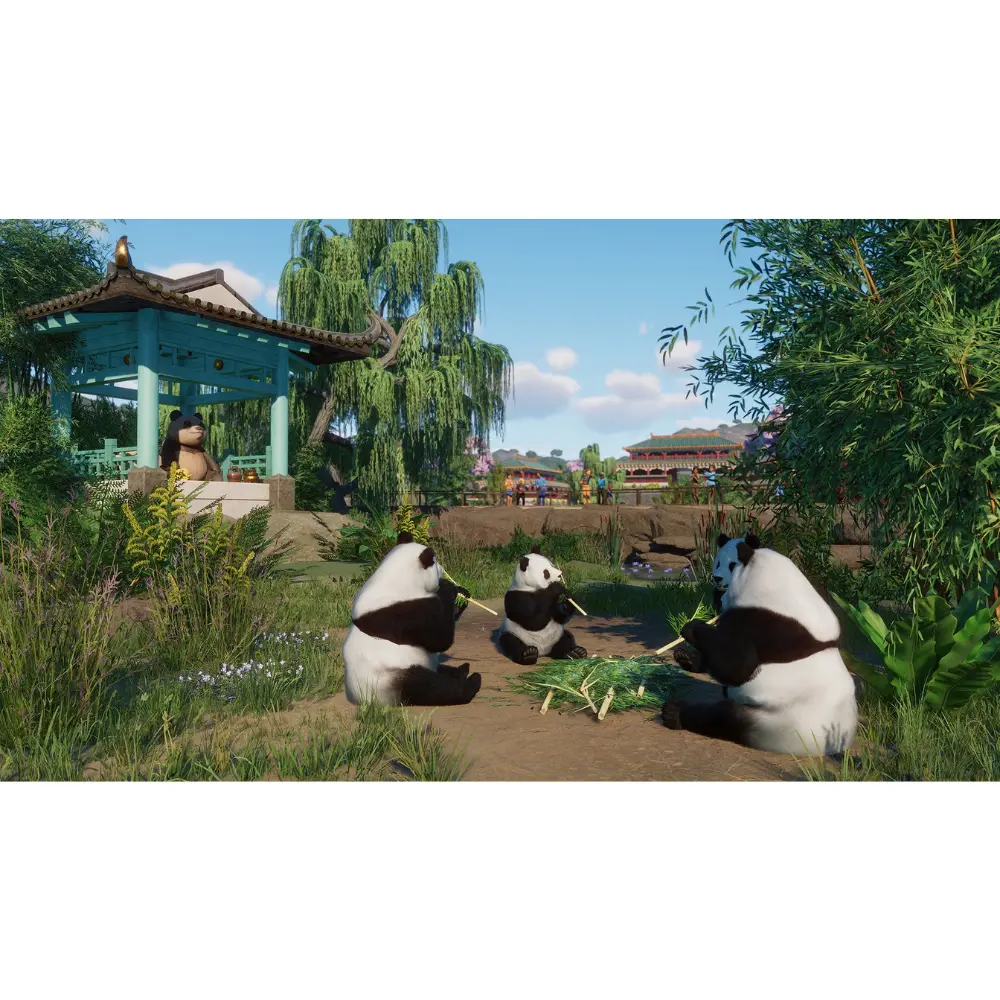 Three pandas resting on grass path, zoo habitat management game scene