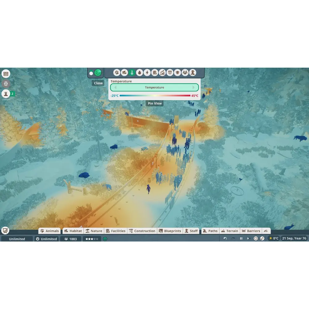 Zoo management gameplay interface with map and temperature status bars