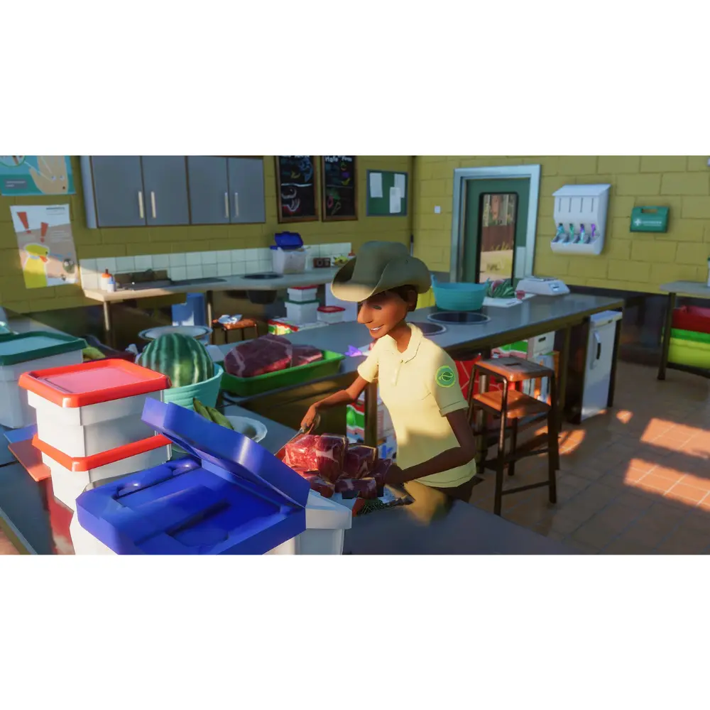 Zoo staff member preparing food in kitchen, management game screen