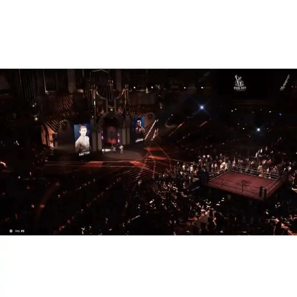 Boxing arena gameplay screen with ring, crowd seats, and fighter silhouettes