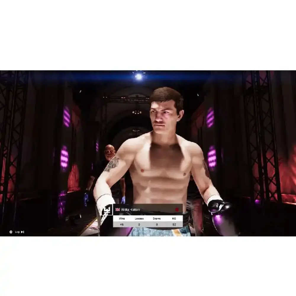 Boxing gameplay close-up of shirtless fighter with black gloves in arena