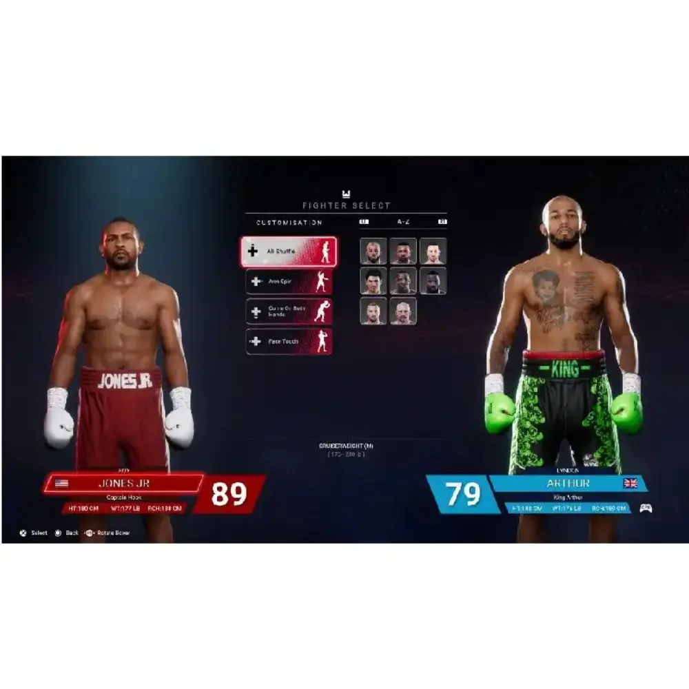 Boxing game character select screen with two fighters and score panels