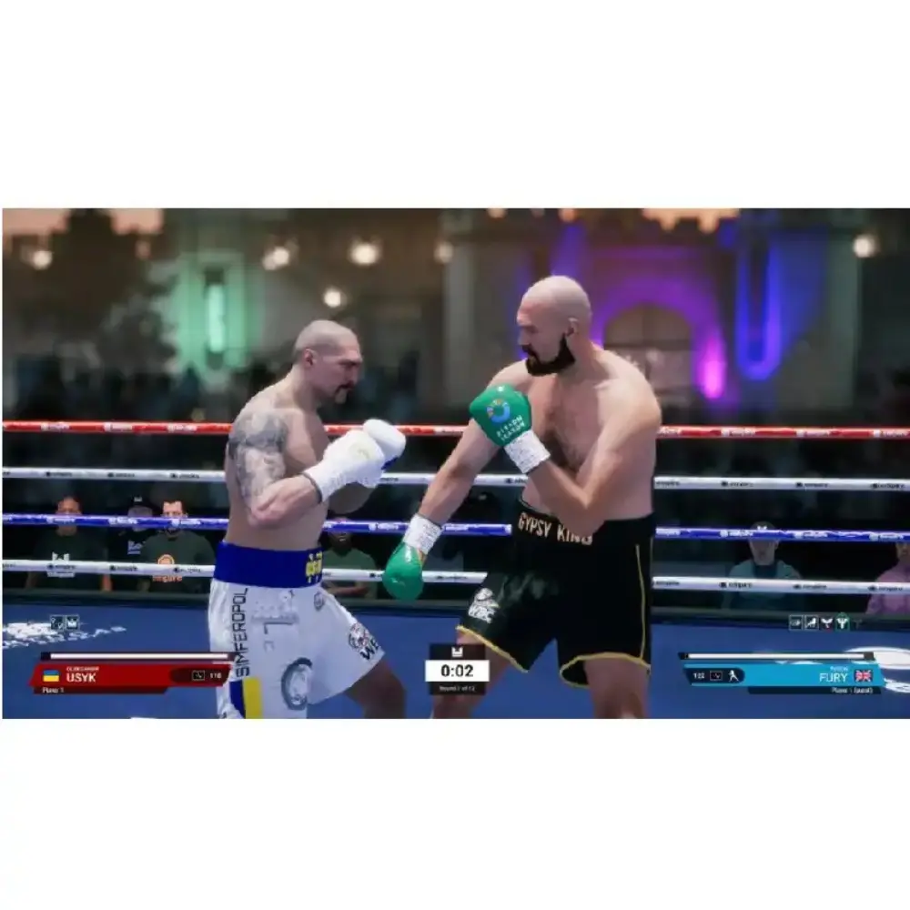 In-ring boxing gameplay with two fighters trading punches and green gloves