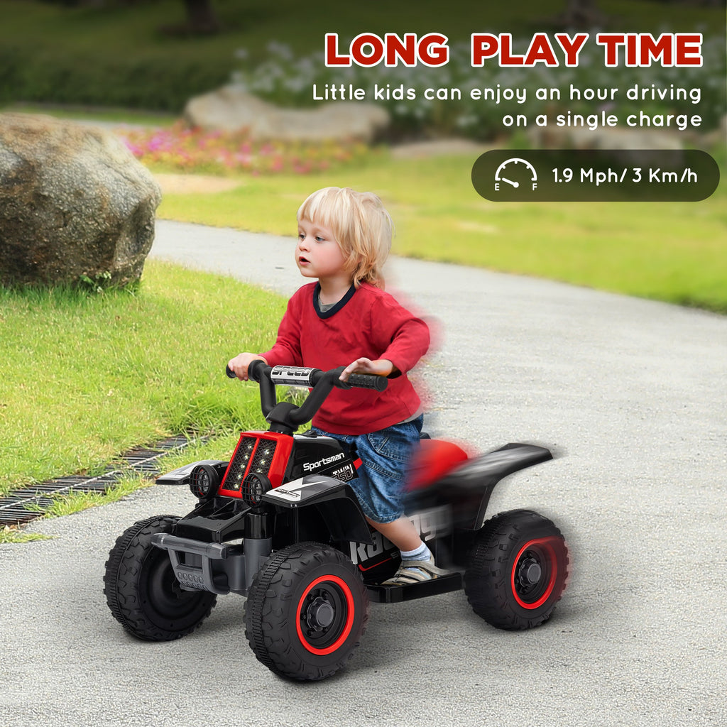 Kids electric quad bike with red seat, black body, and red-ring tires on a path