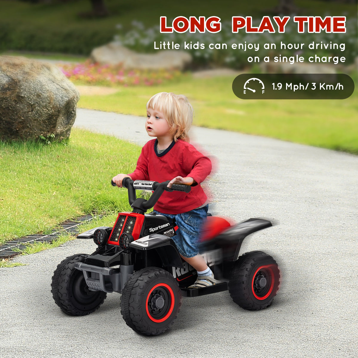 Kids electric quad bike with red seat, black body, and red-ring tires on a path