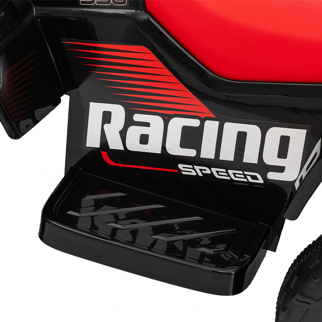 Textured black footrest and red-striped side panel on a kids electric quad bike