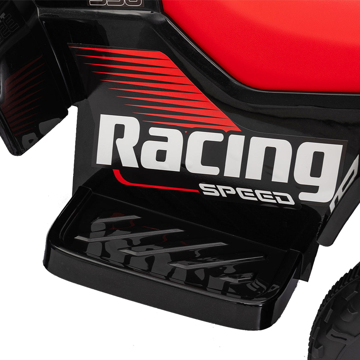 Textured black footrest and red-striped side panel on a kids electric quad bike