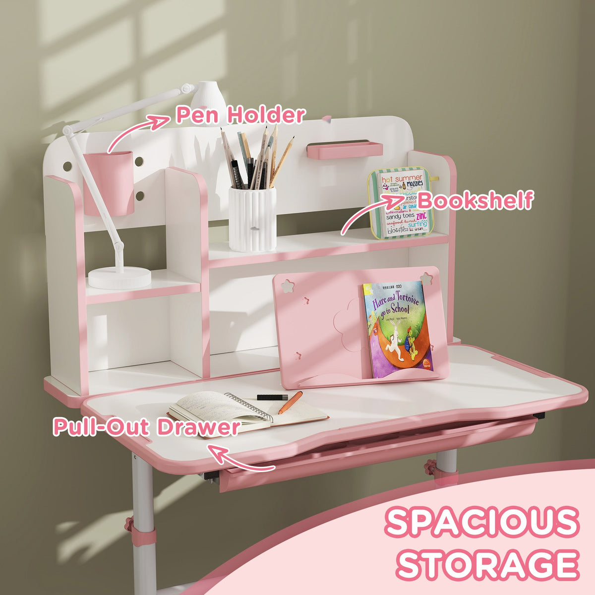 Pink kids desk with pull-out drawer, bookshelves and pen holder, plus matching chair