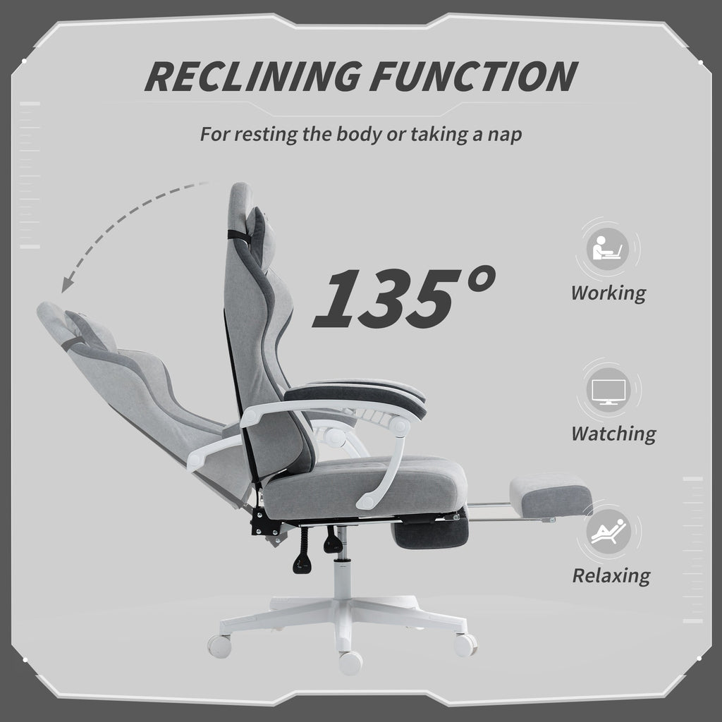 Grey reclining gaming chair with 135-degree recline and footrest platform