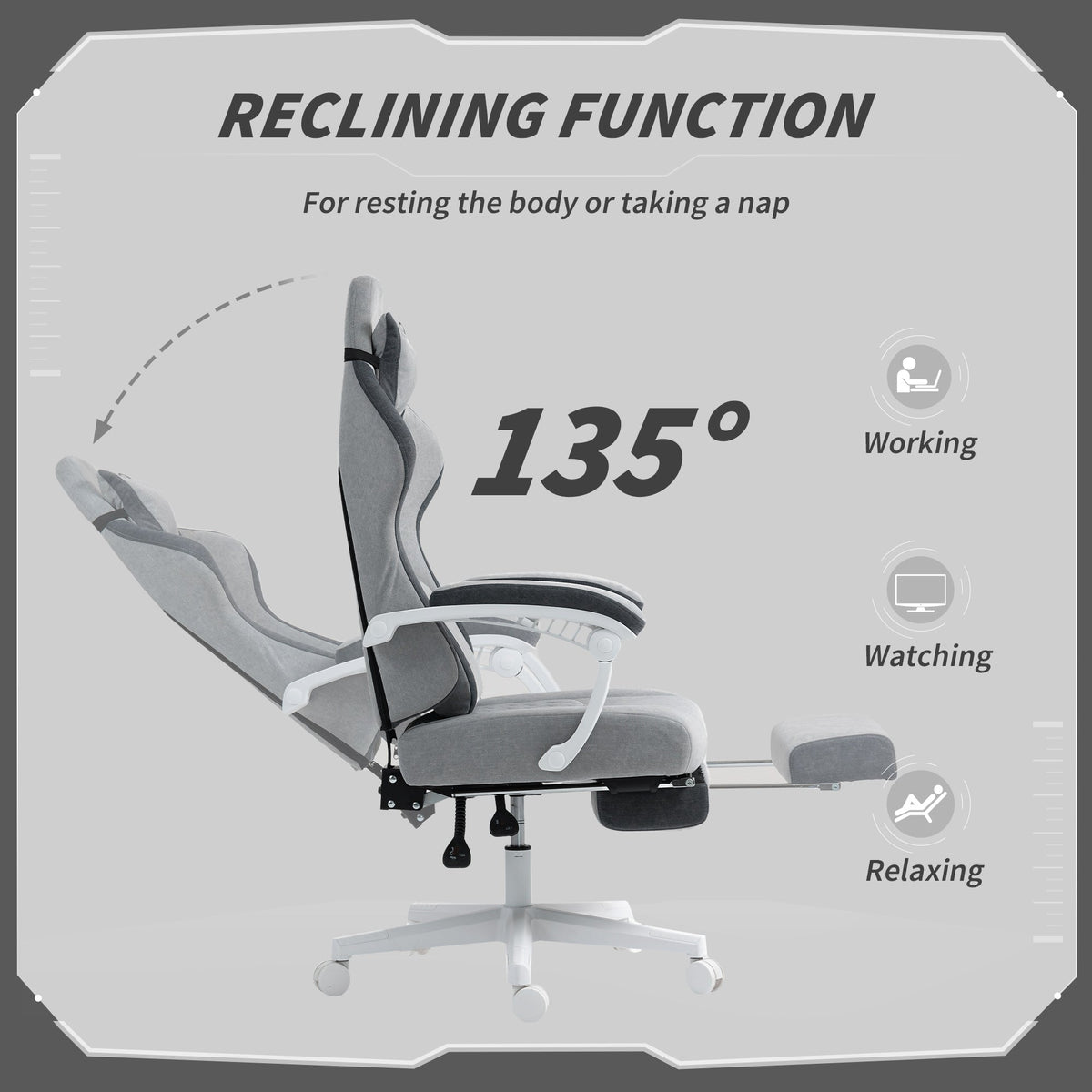 Grey reclining gaming chair with 135-degree recline and footrest platform