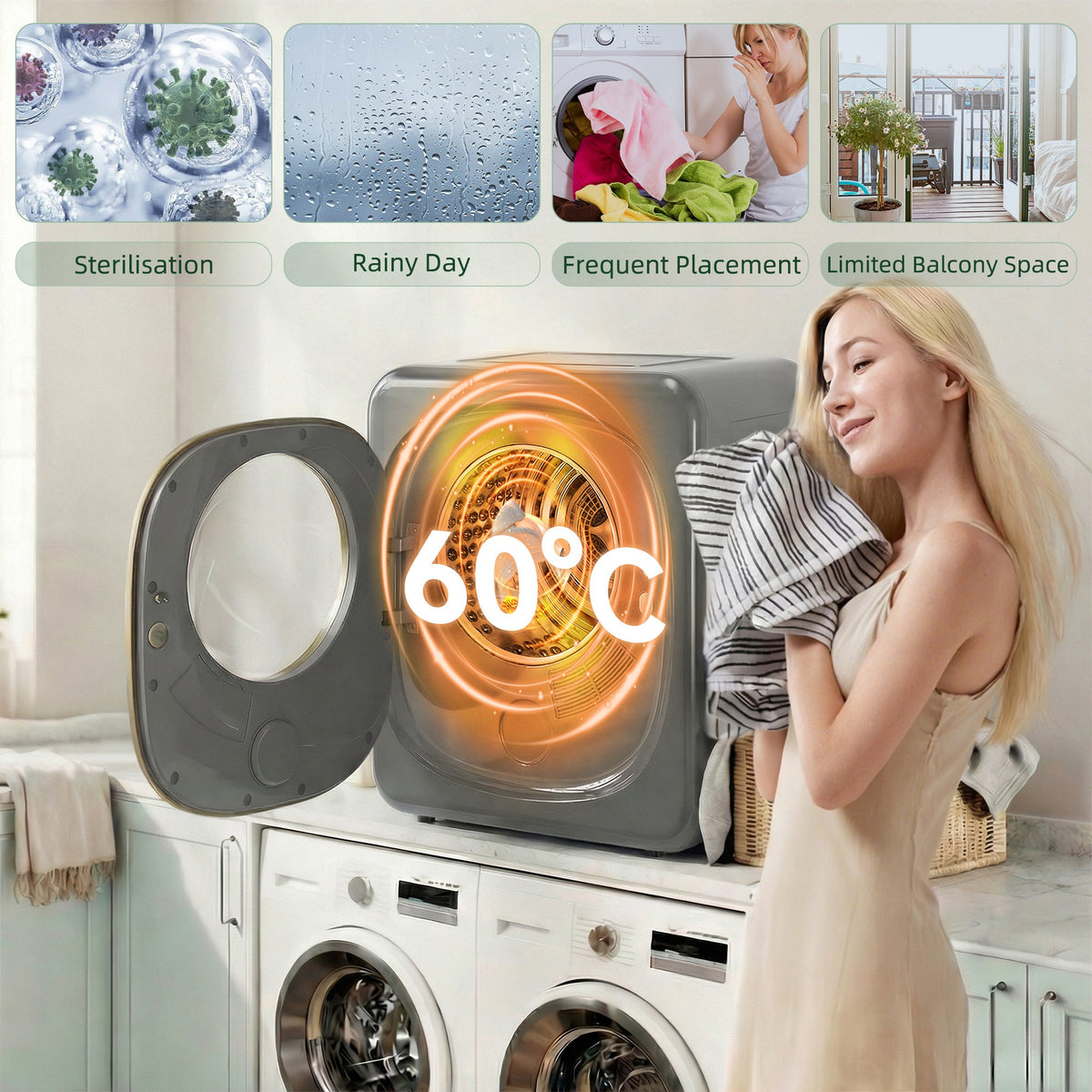 Grey vented tumble dryer with glowing 60°C heating cycle visible through door window.
