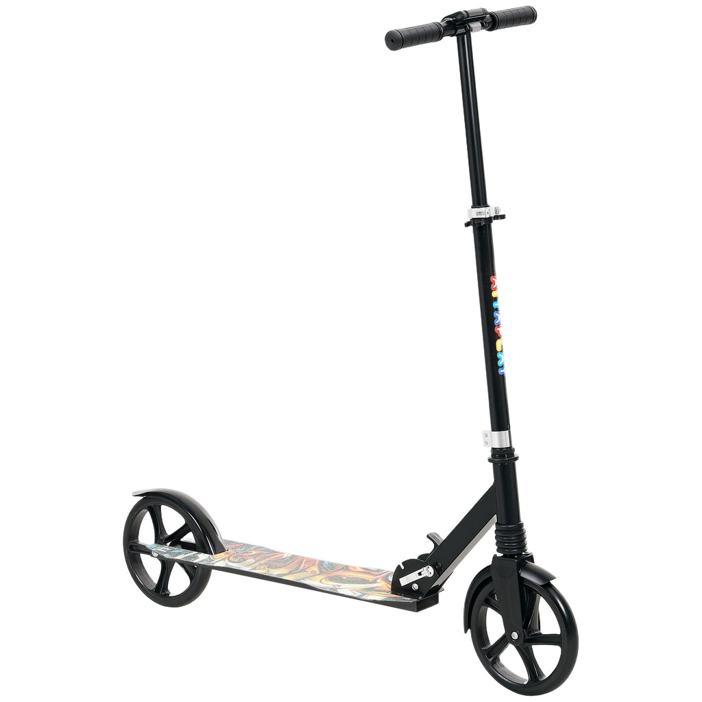 Black kids kick scooter with colorful printed deck and three-wheel design