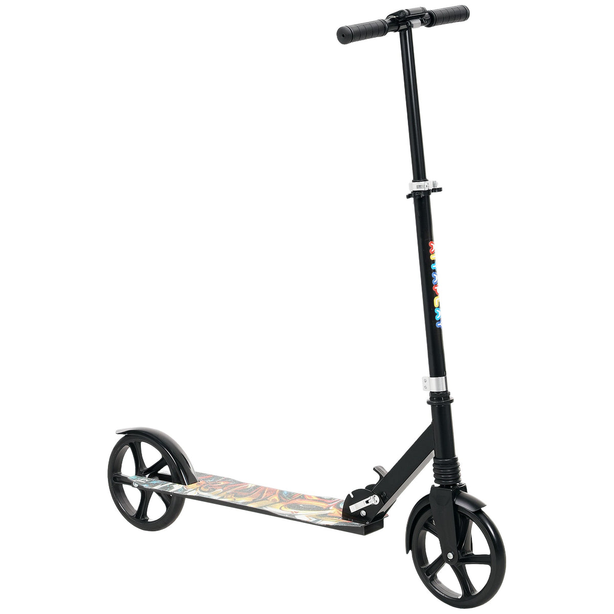 Black kids kick scooter with colorful printed deck and three-wheel design