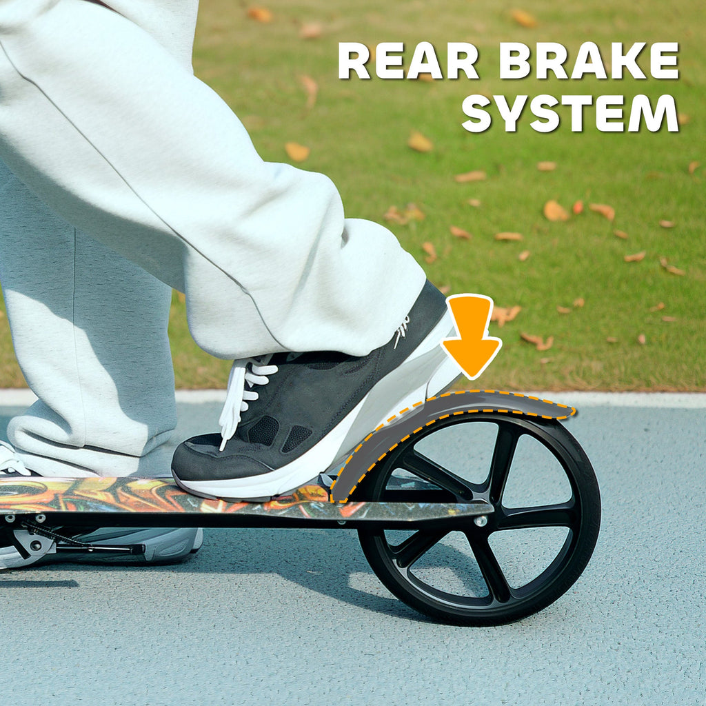Rear wheel and brake area of black kids kick scooter