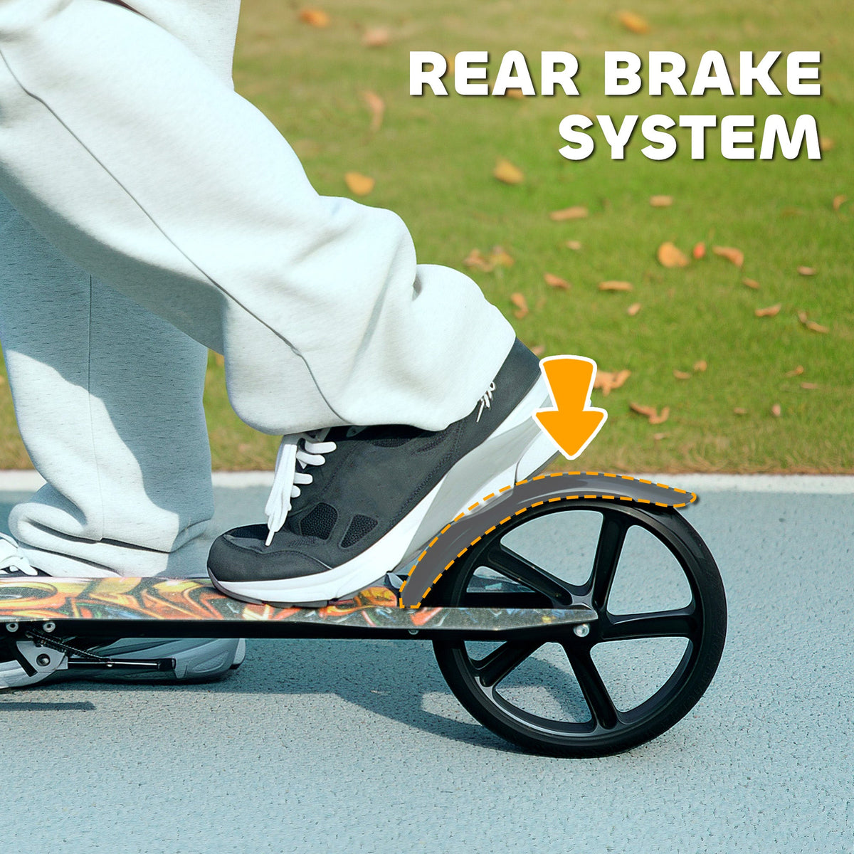 Rear wheel and brake area of black kids kick scooter