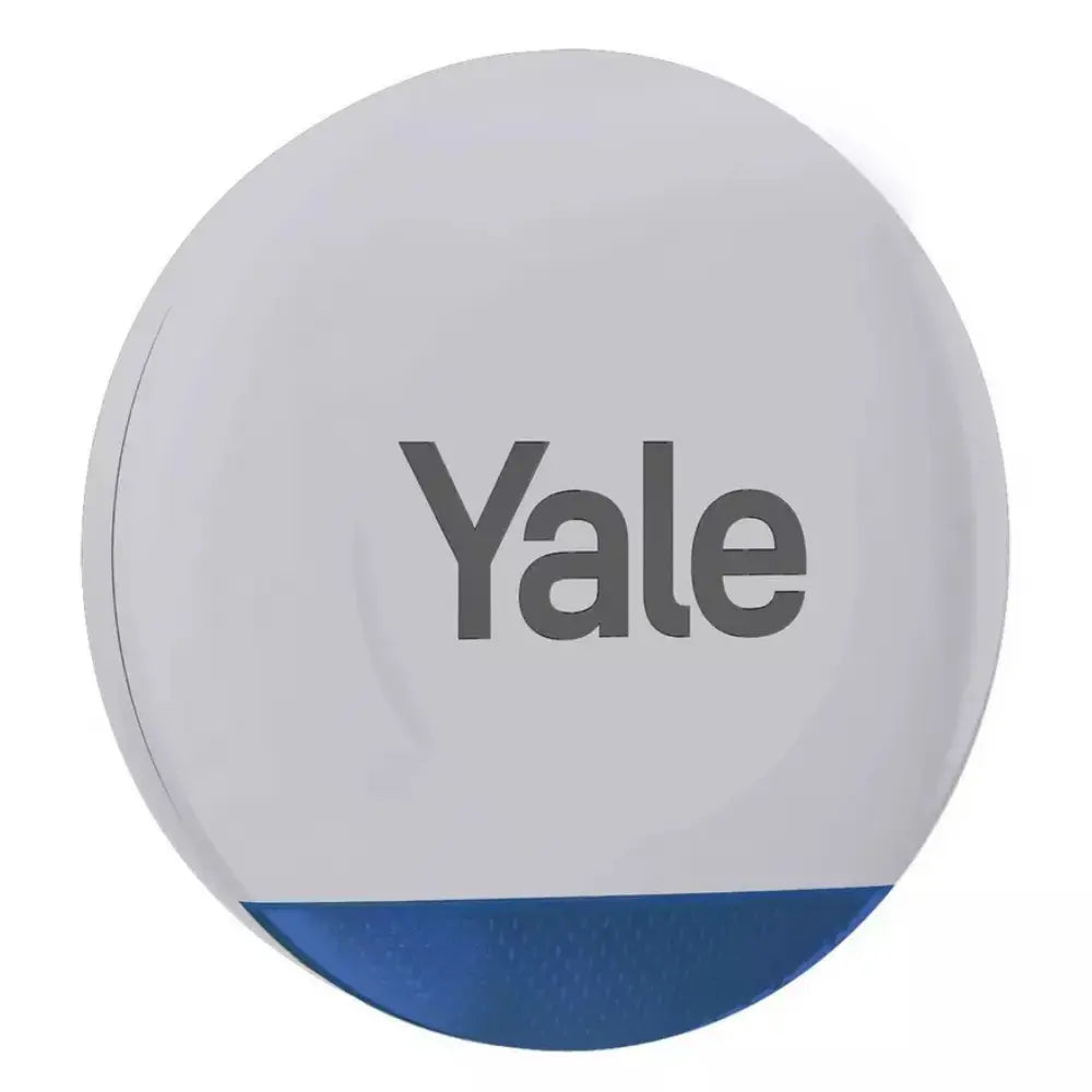 Grey circular YALE outdoor siren with Yale logo on front panel