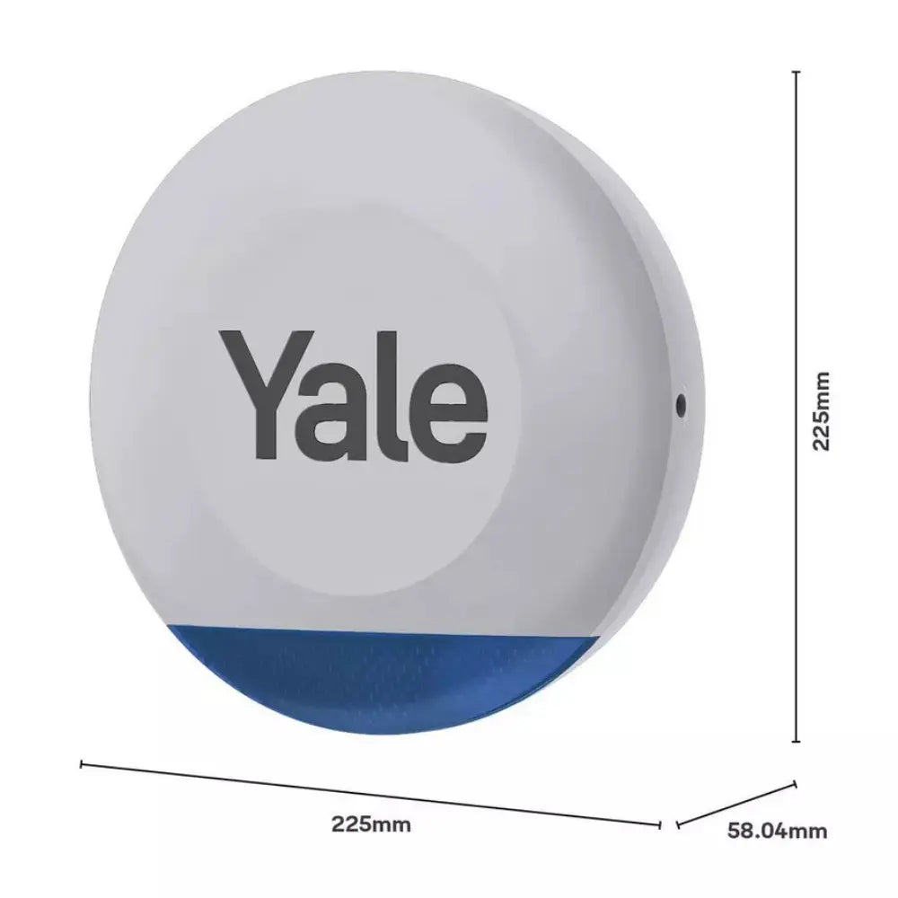 Grey circular YALE outdoor siren side view with dimension markings