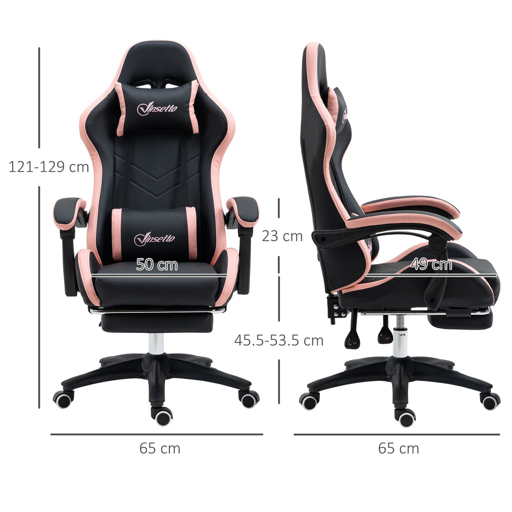 Gaming task chair showing height and reclining positions; black seat with pink edge trim
