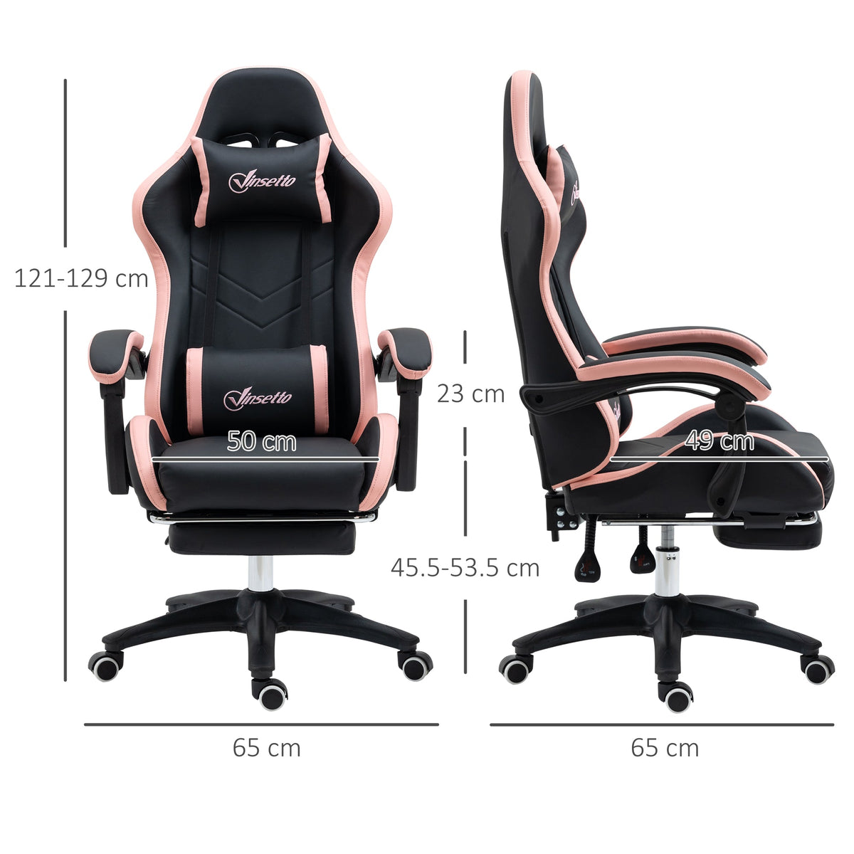 Gaming task chair showing height and reclining positions; black seat with pink edge trim