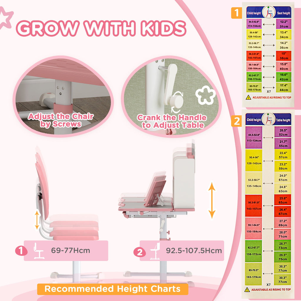 Pink kids desk and chair set with pull-out drawer and height-adjustable legs