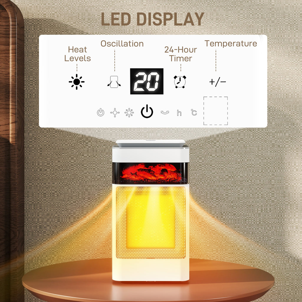 White ceramic electric heater with LED control panel displaying heat, oscillation, and timer icons