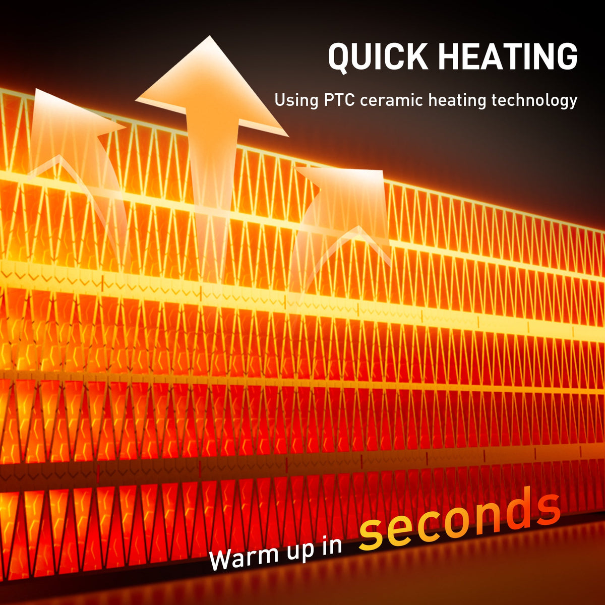 Black ceramic heater showing glowing internal heating elements in a heat pattern.