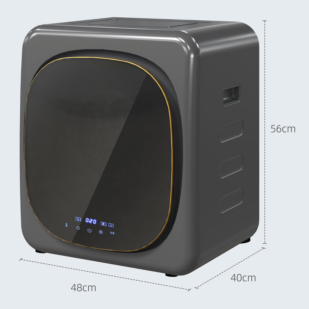 Grey compact tumble dryer side view with display and front door opening