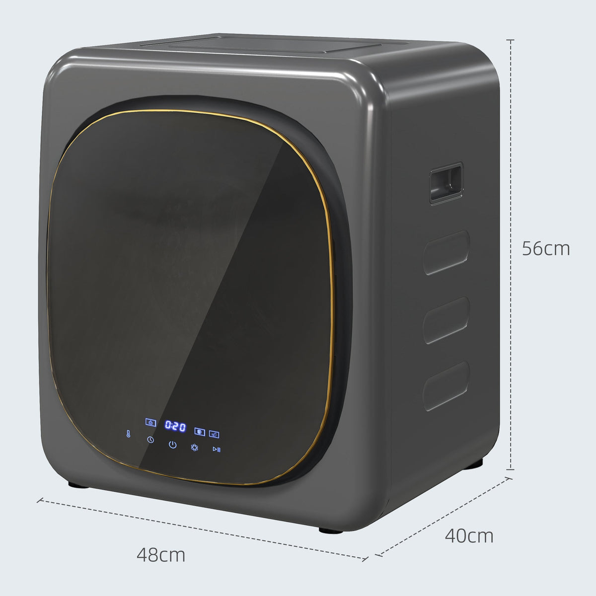 Grey compact tumble dryer side view with display and front door opening