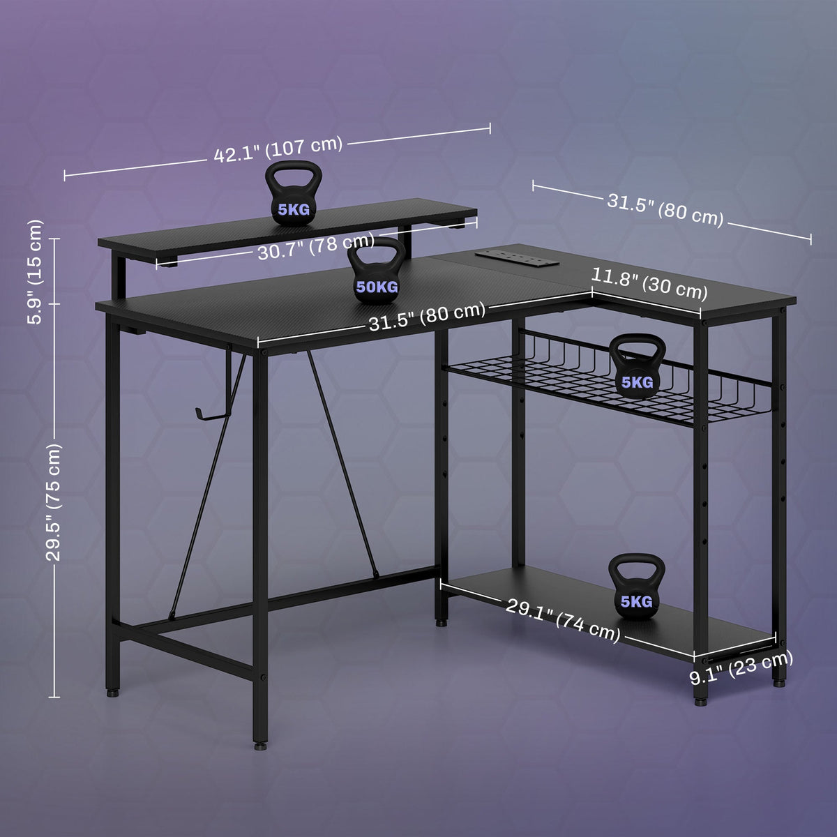 Black L-shaped desk dimensions diagram with labeled measurements and supports.