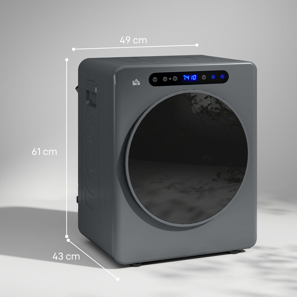 Grey compact front-load tumble dryer with side profile and front dimensions