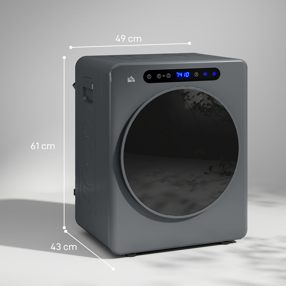 Grey compact front-load tumble dryer with side profile and front dimensions