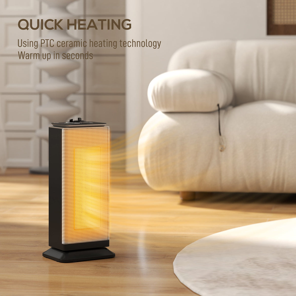 Black ceramic electric heater with visible heating glow beside couch