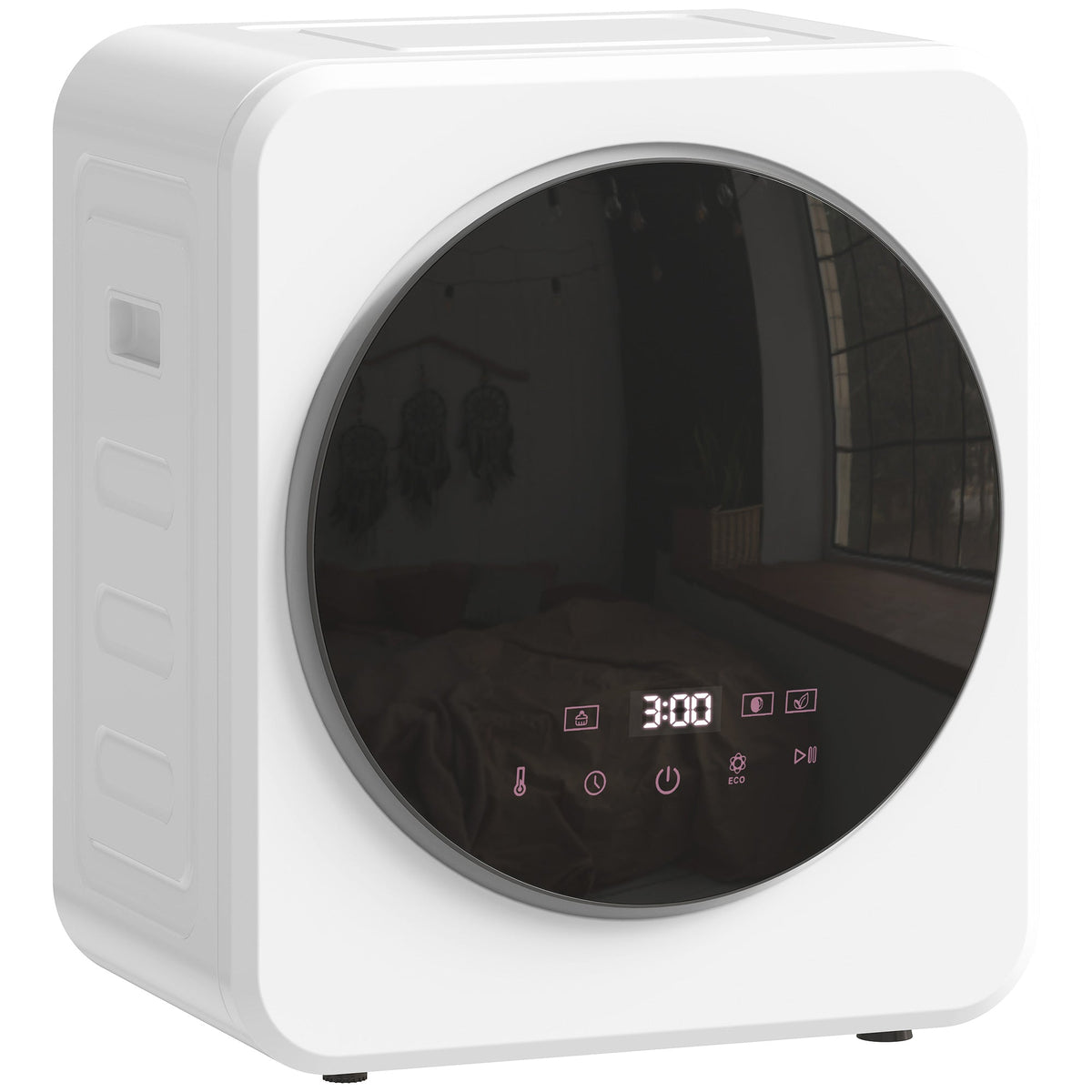White compact tumble dryer with closed round glass door and illuminated digital display