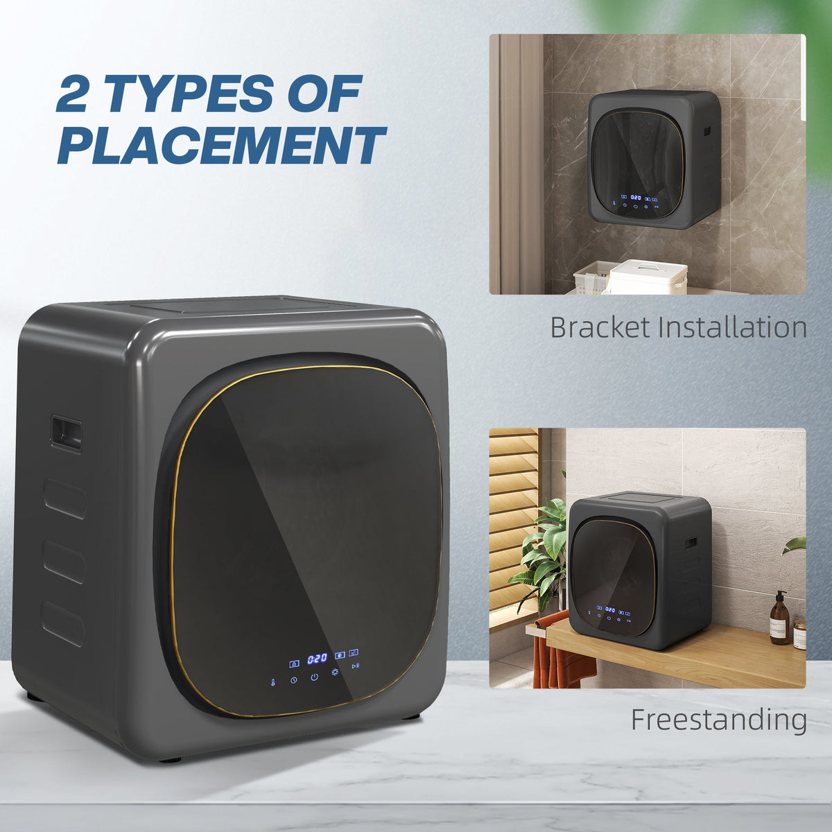 Grey compact tumble dryer shown for bracket installation or freestanding placement