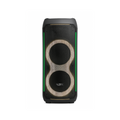 Wireless Bluetooth party speaker, black with dual woofers and green accent lights.