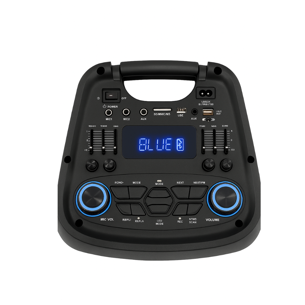 Portable speaker control panel with blue LCD, mic/aux ports, and large volume knobs.