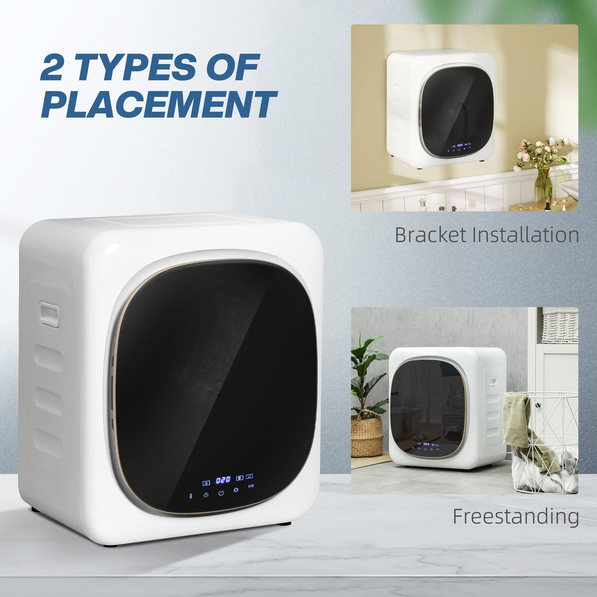 White compact front-load tumble dryer shown freestanding with black door window