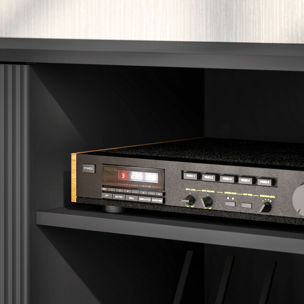 Black TV stand interior close-up with audio equipment on open shelf