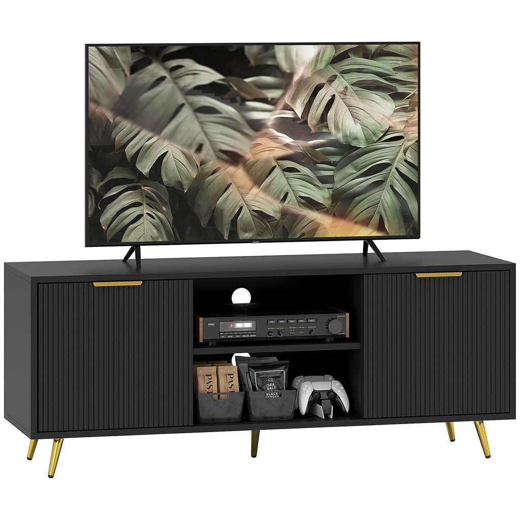 Black modern TV stand cabinet with ribbed doors, open center shelf, and gold legs