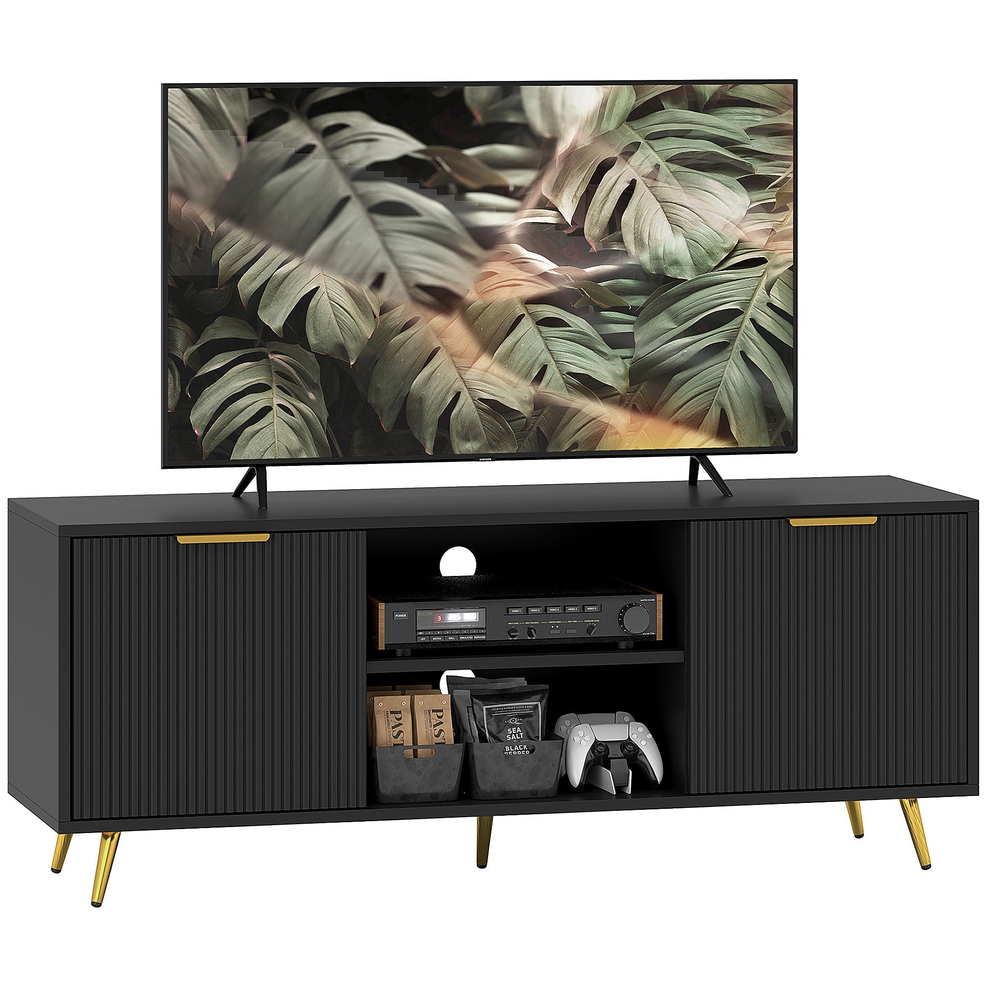 Black TV stand with ribbed cabinet doors, open media shelf, gold trim and angled legs