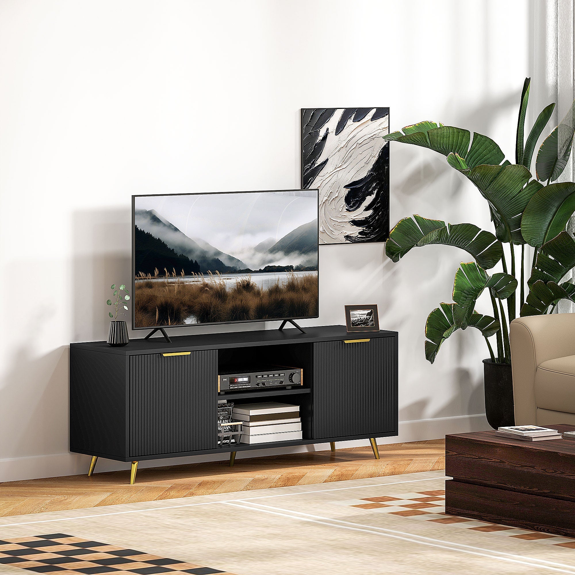 Black media console TV stand with ribbed side doors, central open shelf, gold legs
