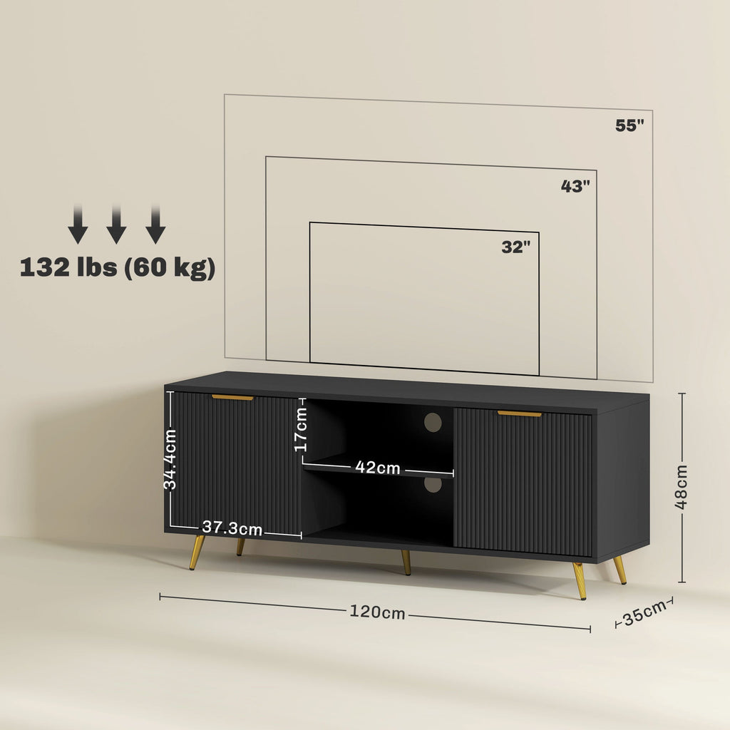 Black TV stand cabinet with ribbed doors and open media bay, gold legs; size labeled